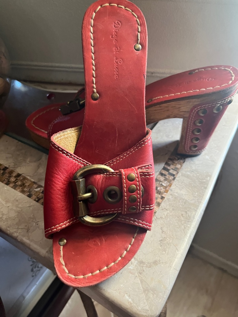 Diego di Lucca Red Leather and brass on wood base Studded Buckled rocker heels